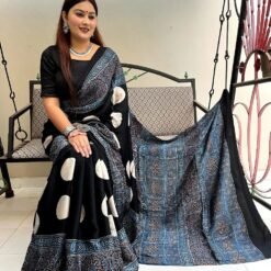 Black Blue Colour Ajrakh Digital Print Muslin fabric Saree