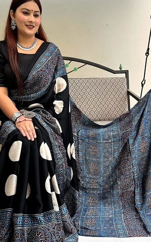 Black Blue Colour Ajrakh Digital Print Muslin fabric Saree