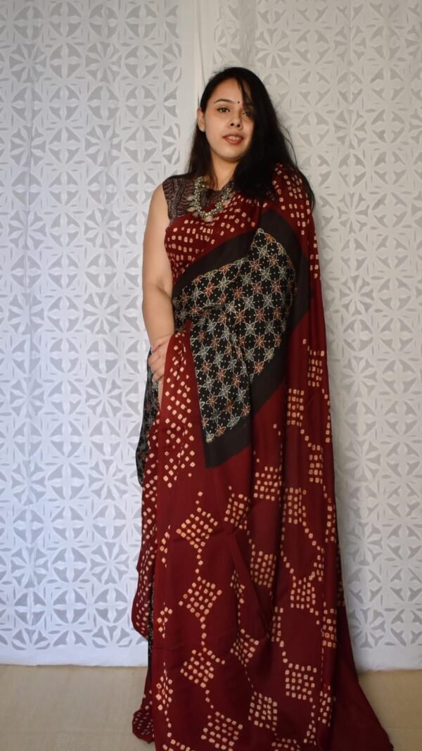 Black Brown Colour Ajrakh Digital Print Muslin fabric Saree