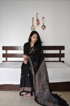 Black Colour Ajrakh Digital Print Muslin fabric Saree