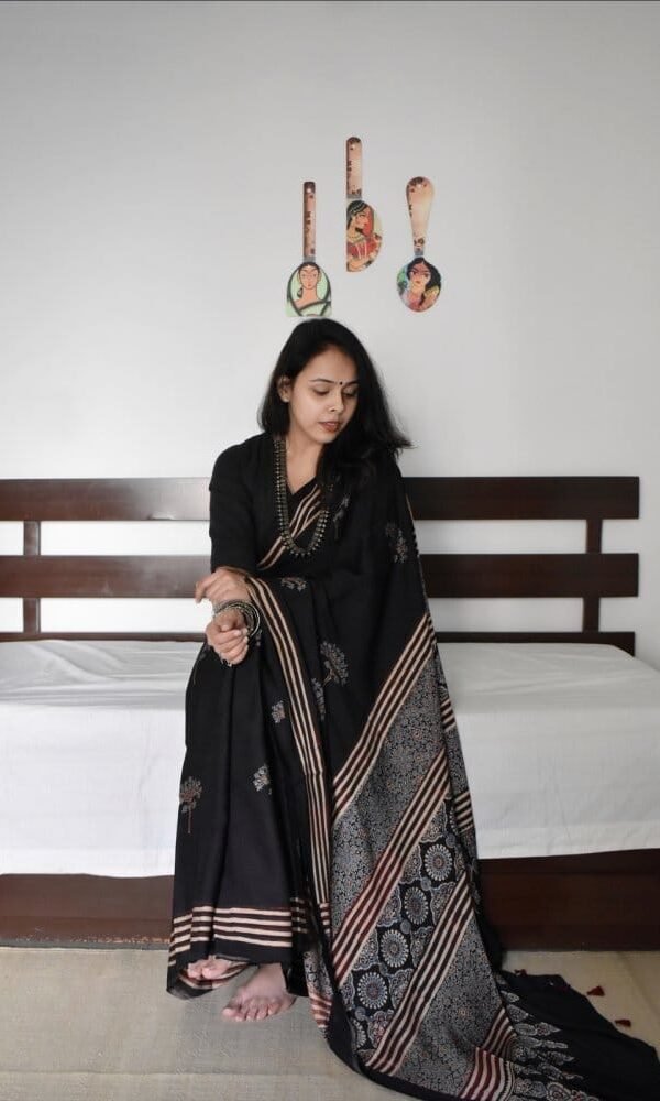 Black Colour Ajrakh Digital Print Muslin fabric Saree