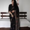 Black Colour Ajrakh Digital Print Muslin fabric Saree