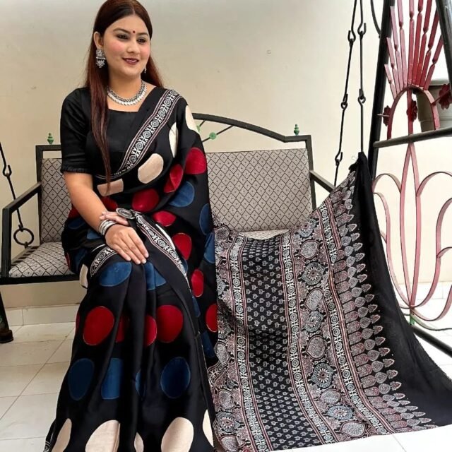 Black Colour Ajrakh Digital Print Muslin fabric Saree