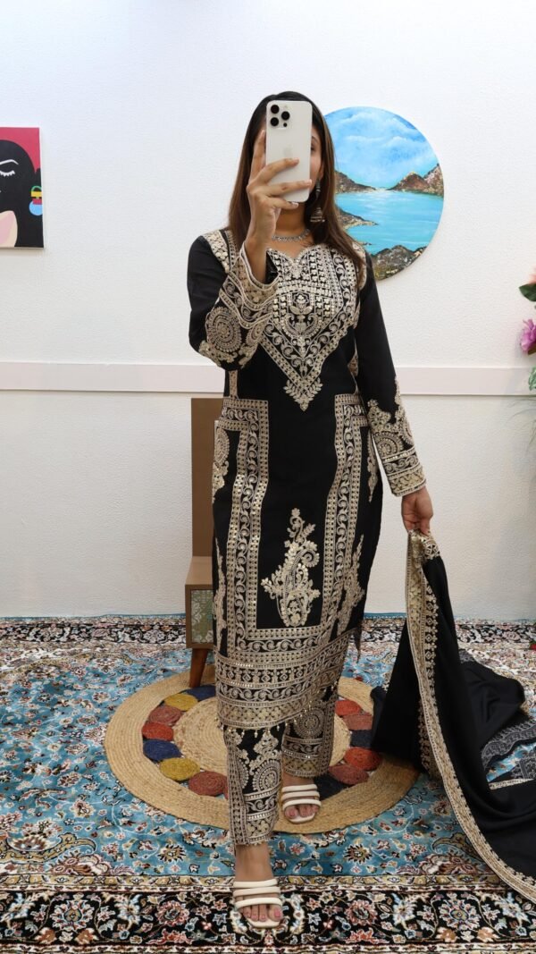 Black Colour Chinon Silk Party Top Pent & Dupatta