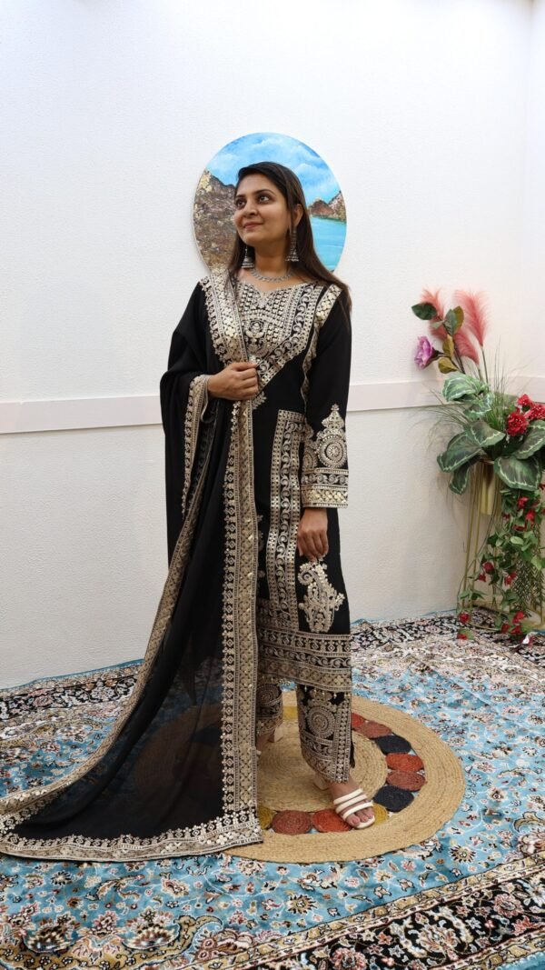 Black Colour Chinon Silk Party Top Pent & Dupatta