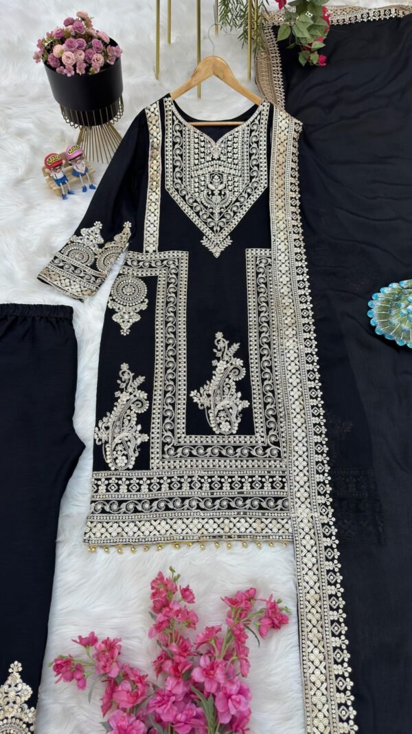 Black Colour Chinon Silk Party Top Pent & Dupatta
