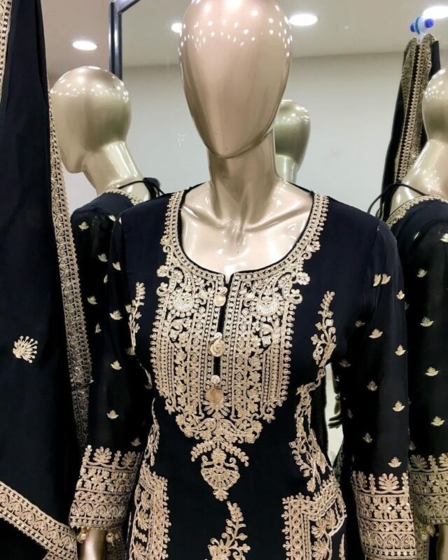 Black Colour Pur Chinon Silk With Embroidery Suit