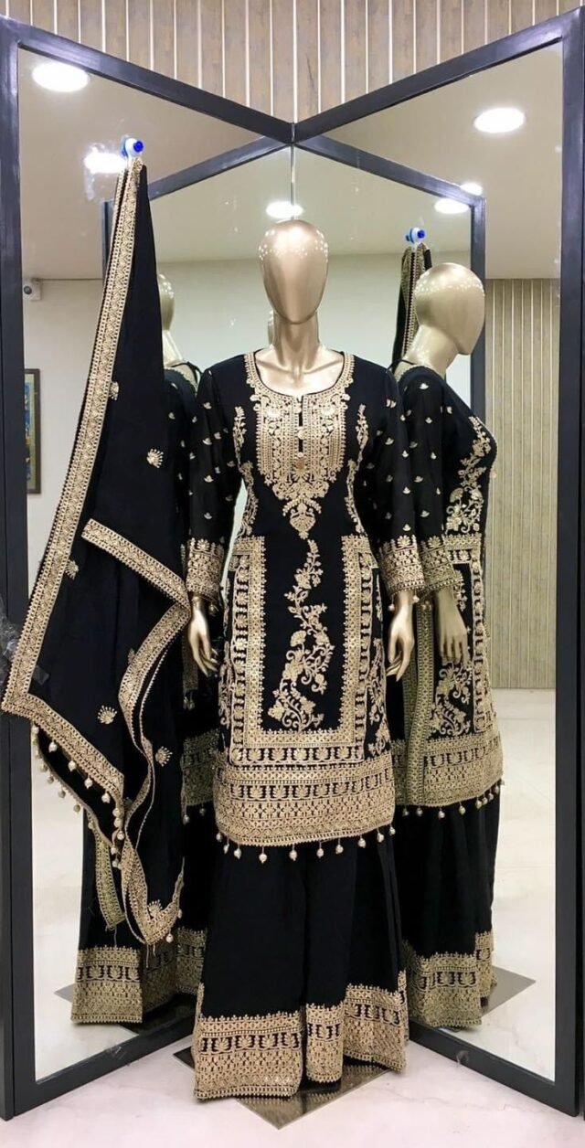 Black Colour Pur Chinon Silk With Embroidery Suit