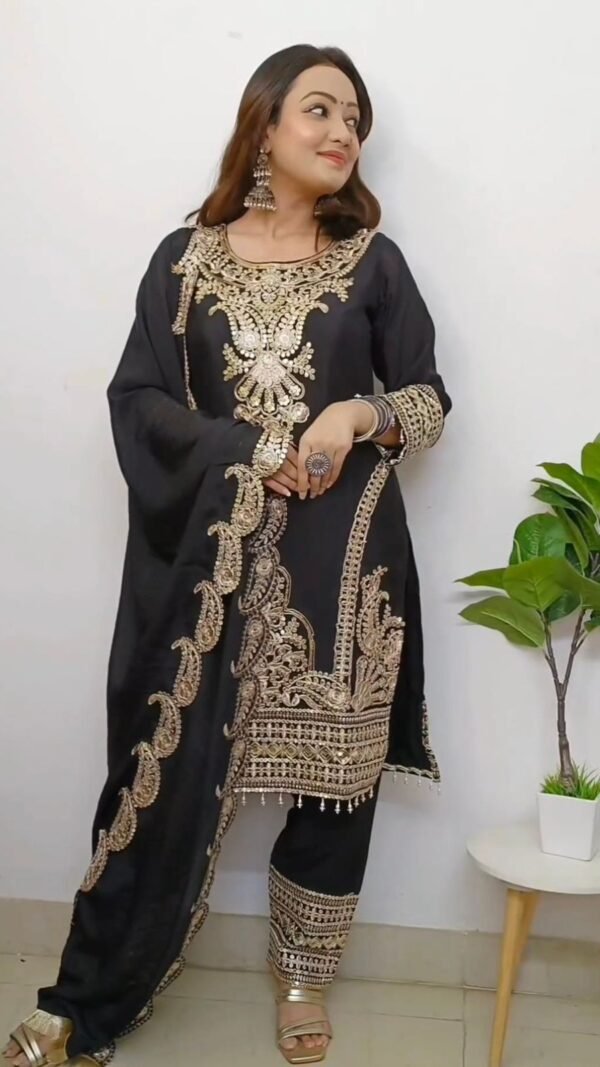 Black Colour Pure Chinnon Silk With Heavy Embroidery Suit