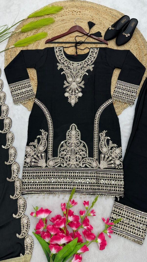 Black Colour Pure Chinnon Silk With Heavy Embroidery Suit