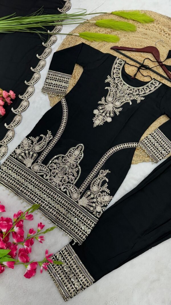 Black Colour Pure Chinnon Silk With Heavy Embroidery Suit
