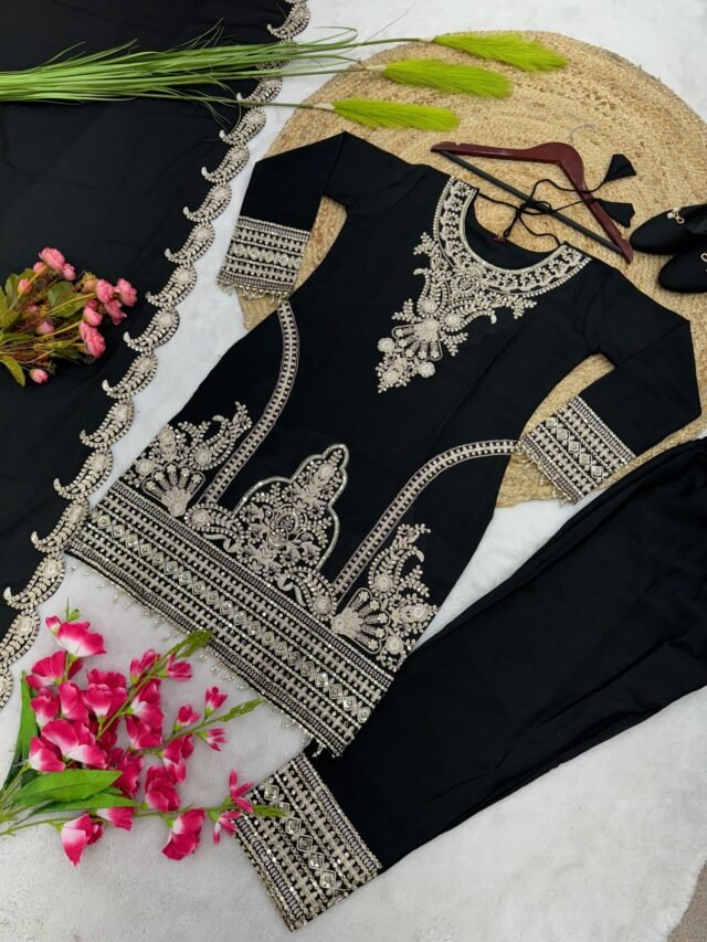 Black Colour Pure Chinnon Silk With Heavy Embroidery Suit