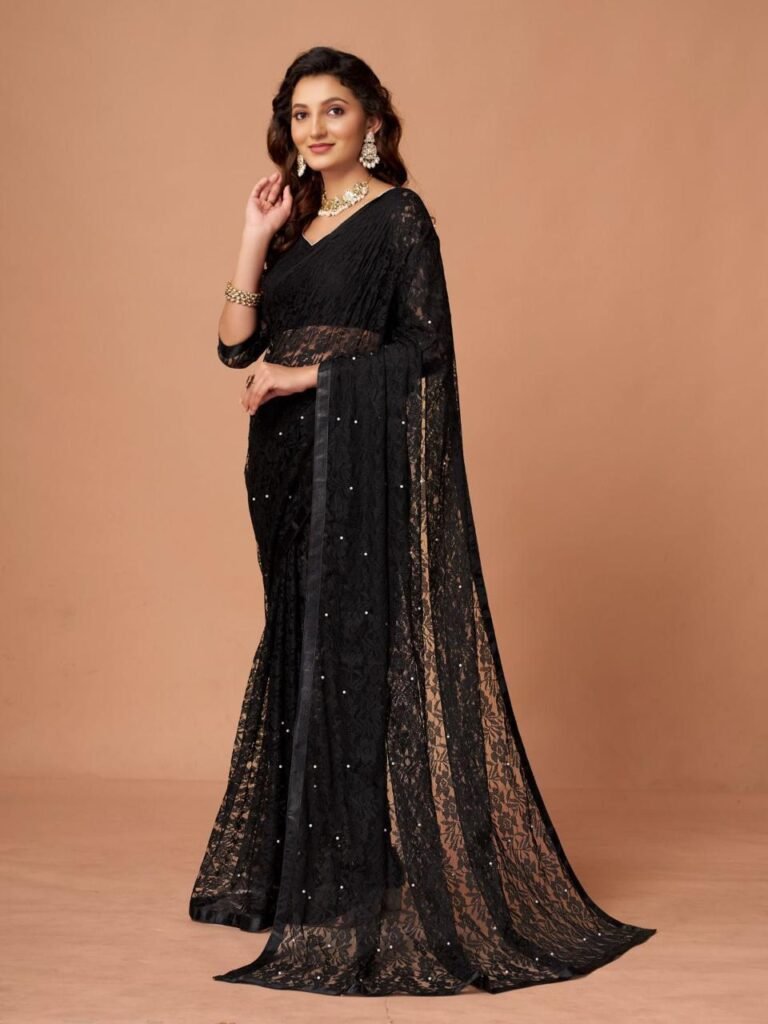 Monjolika Fashion Women'S Black Soft Net SareeWith Sequin Embellished Border And Pallu