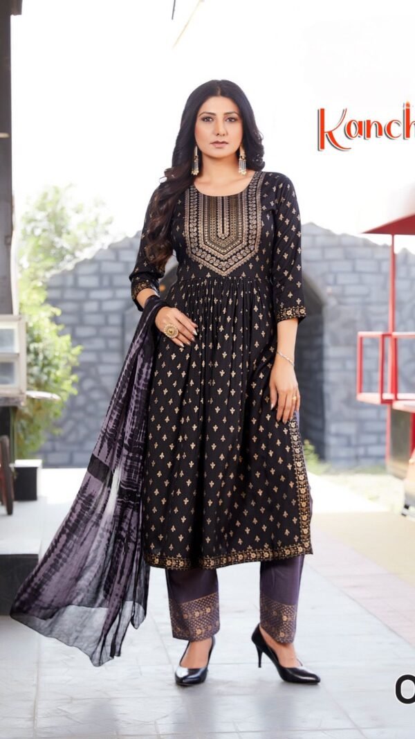 Black Colour Two tone Slub Gold print Kurtis