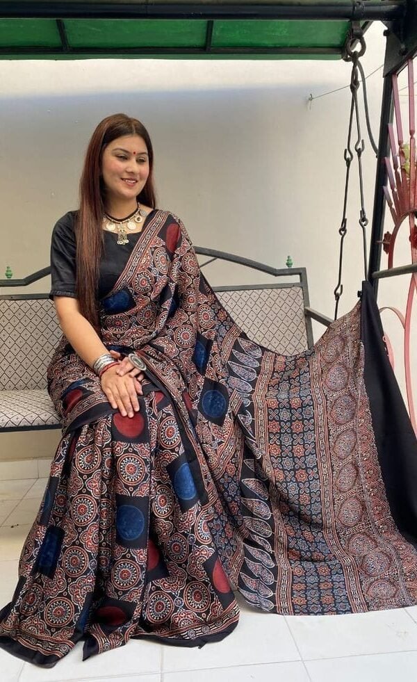 Black Grey Colour Ajrakh Digital Print Muslin fabric Saree