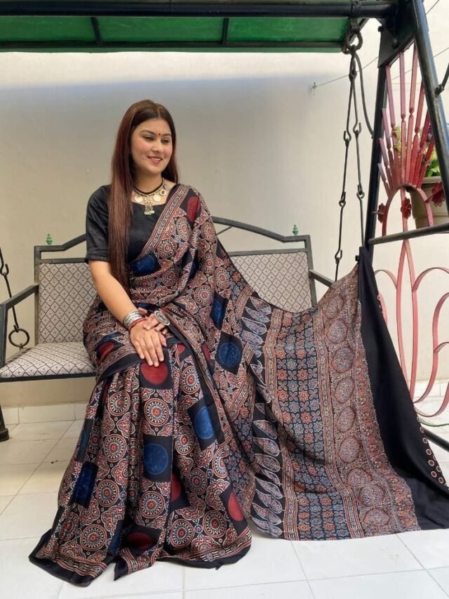 Black Grey Colour Ajrakh Digital Print Muslin fabric Saree