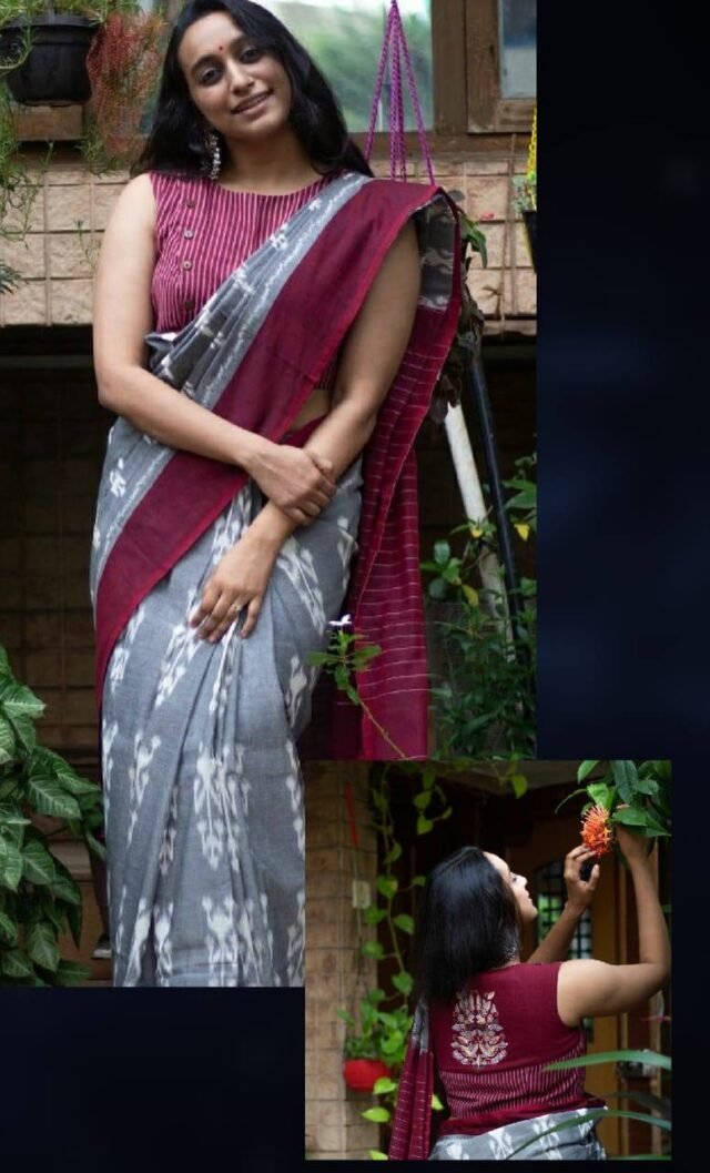 Black Grey Colour Plain Linen Sarees