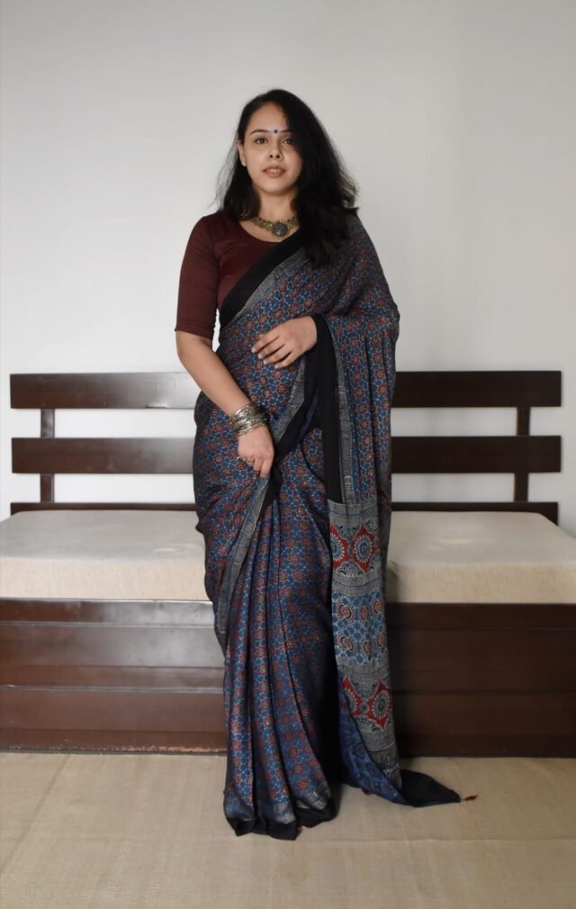 Blue Brown Colour Ajrakh Digital Print Muslin fabric Saree