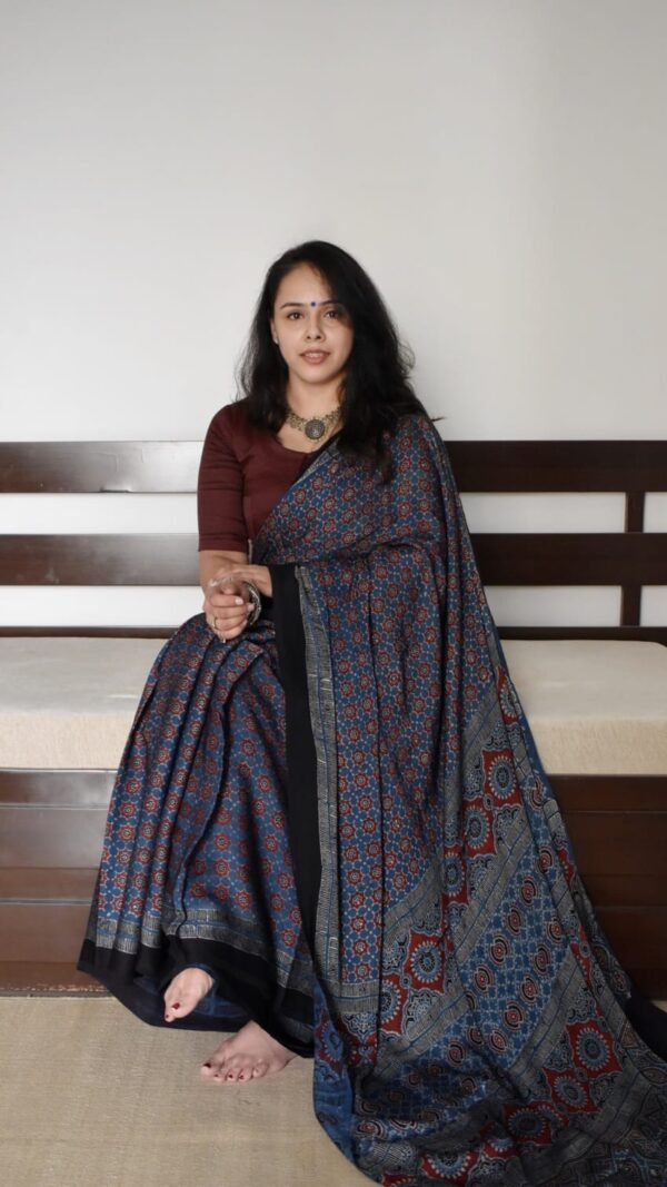 Blue Brown Colour Ajrakh Digital Print Muslin fabric Saree