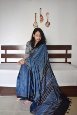 Blue Colour Ajrakh Digital Print Muslin fabric Saree