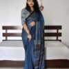 Blue Colour Ajrakh Digital Print Muslin fabric Saree