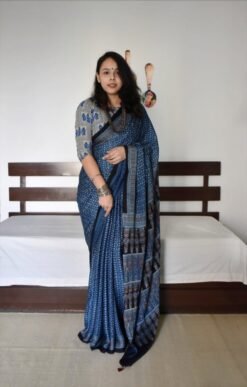 Blue Colour Ajrakh Digital Print Muslin fabric Saree