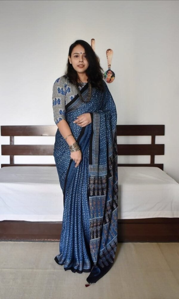 Blue Colour Ajrakh Digital Print Muslin fabric Saree