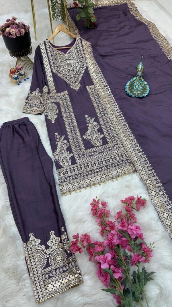 Blue Colour Chinon Silk Party Top Pent & Dupatta