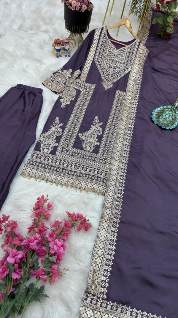 Blue Colour Chinon Silk Party Top Pent & Dupatta