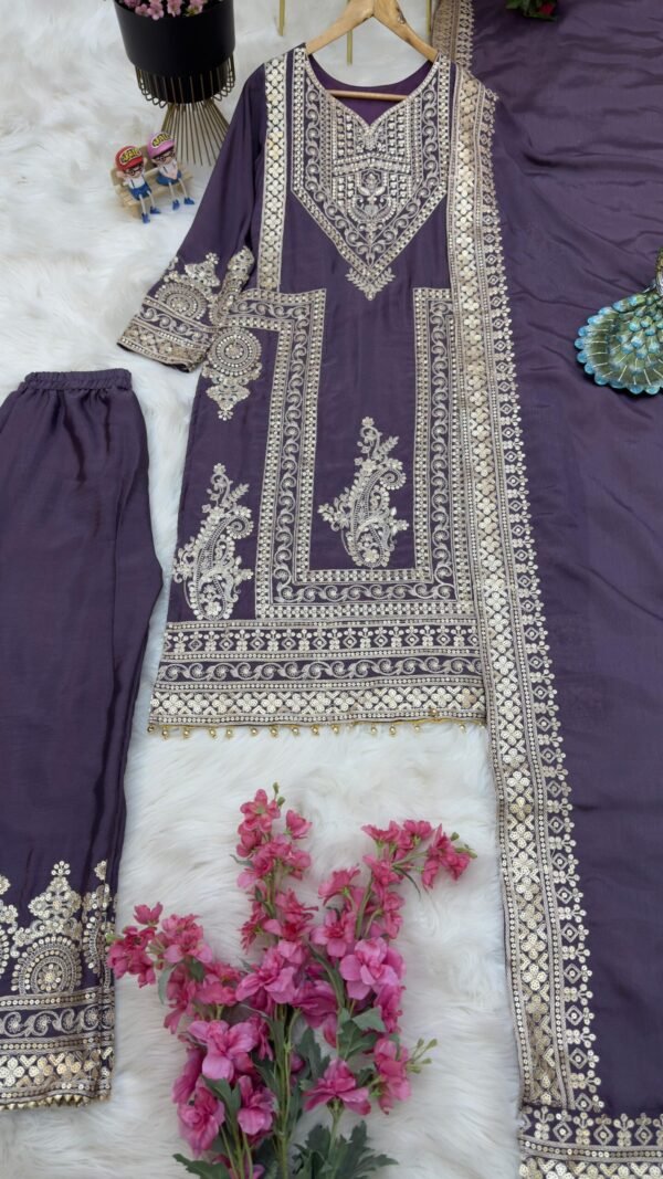 Blue Colour Chinon Silk Party Top Pent & Dupatta