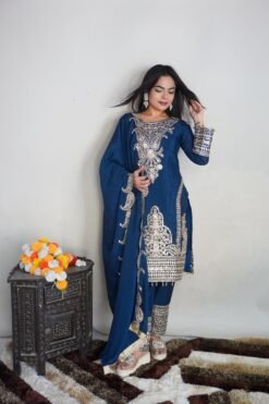 Blue Colour Pure Chinnon With Heavy Embroidery Suit