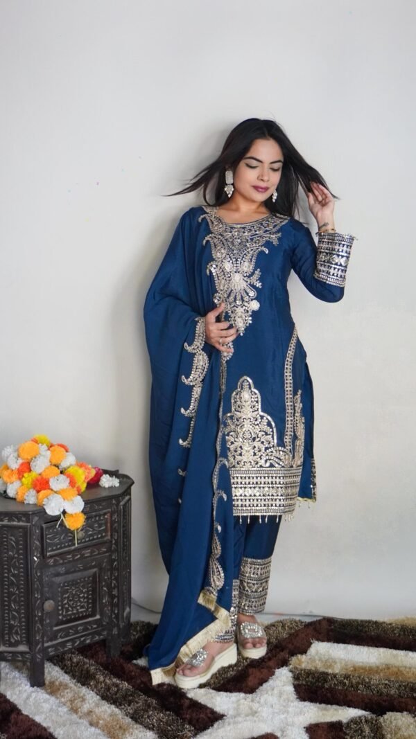 Blue Colour Pure Chinnon With Heavy Embroidery Suit