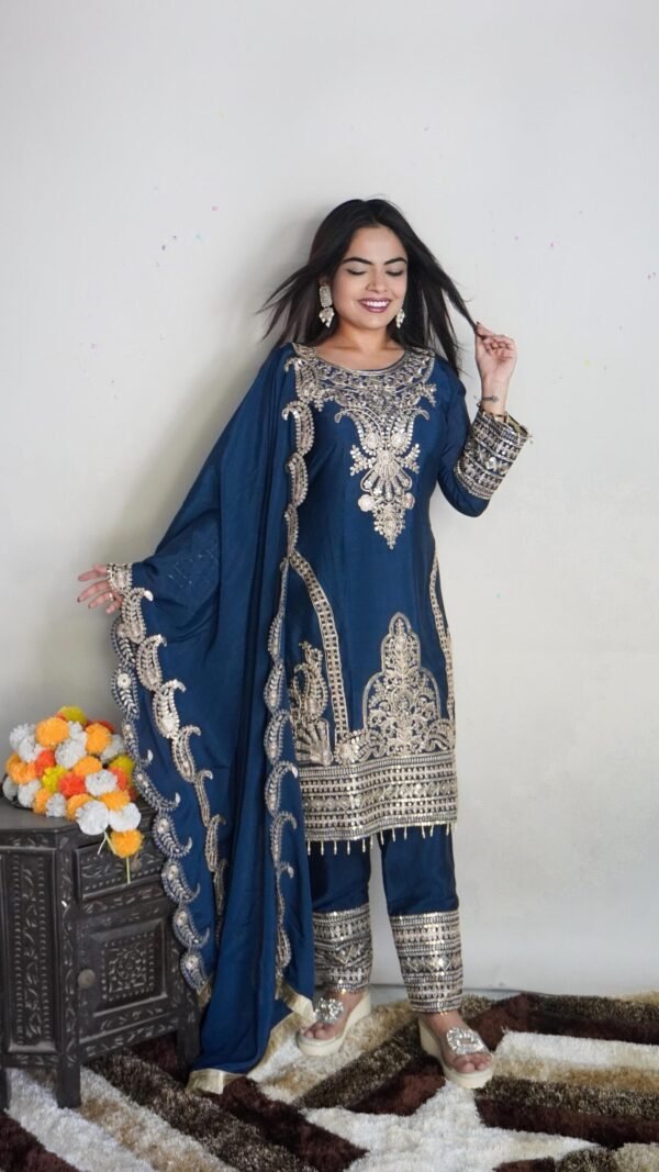 Blue Colour Pure Chinnon With Heavy Embroidery Suit