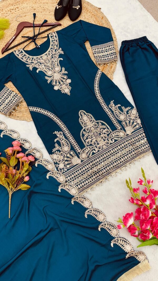 Blue Colour Pure Chinnon With Heavy Embroidery Suit