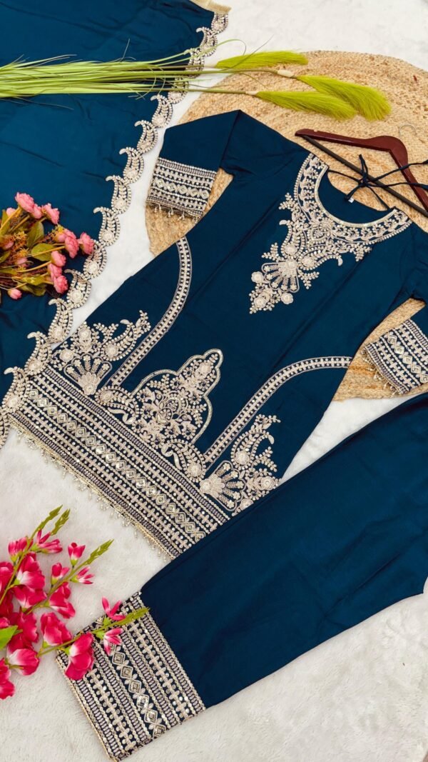 Blue Colour Pure Chinnon With Heavy Embroidery Suit