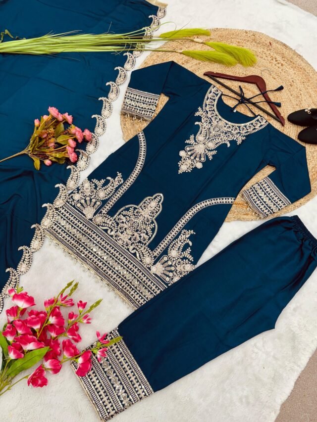 Blue Colour Pure Chinnon With Heavy Embroidery Suit