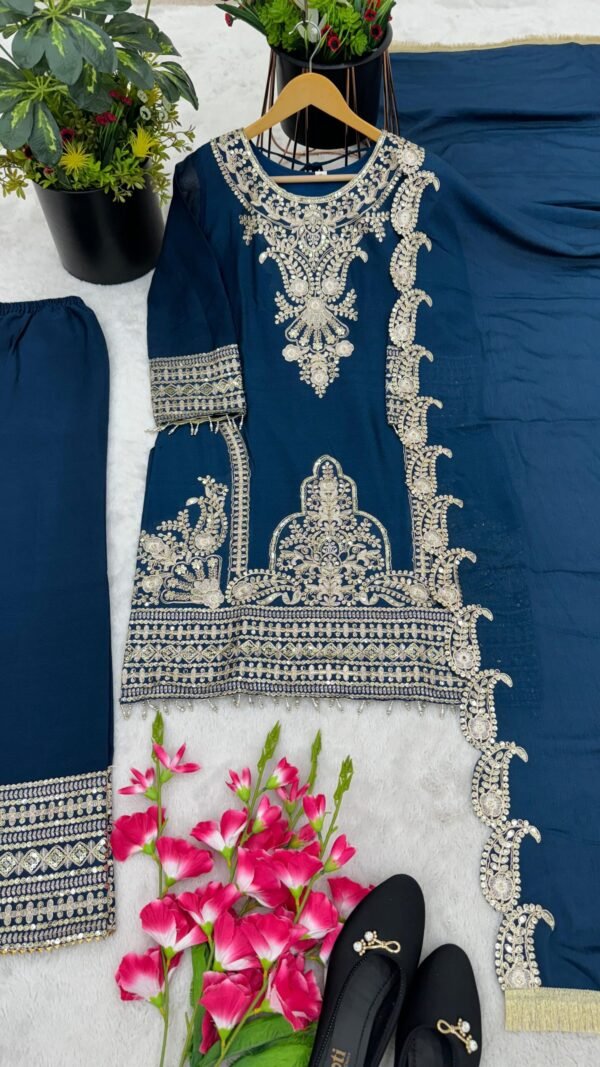 Blue Colour Pure Chinnon With Heavy Embroidery Suit