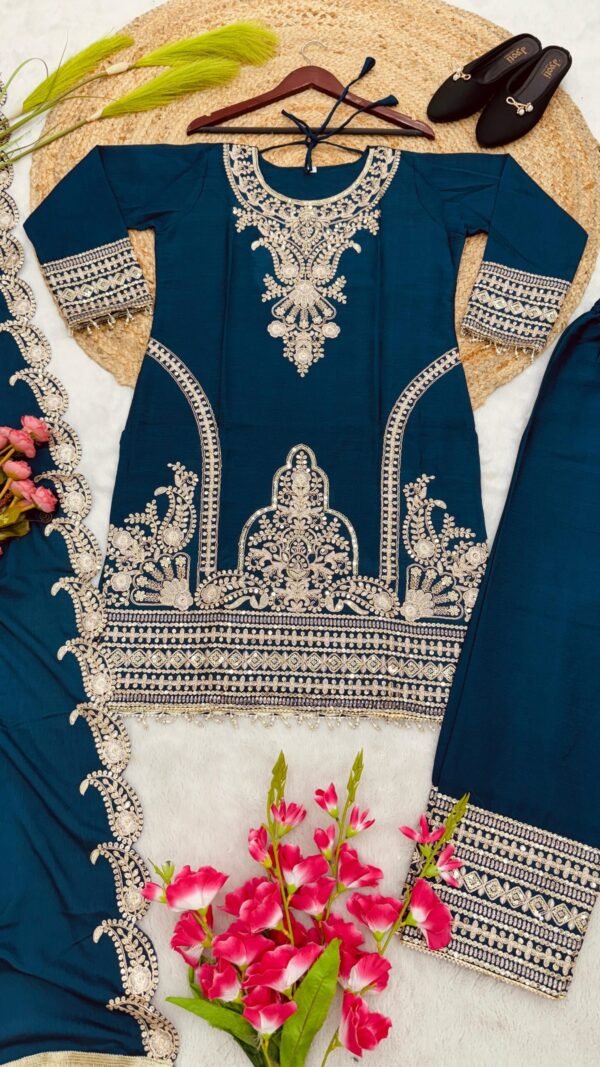 Blue Colour Pure Chinnon With Heavy Embroidery Suit