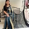 Blue Grey Colour Ajrakh Digital Print Muslin fabric Saree