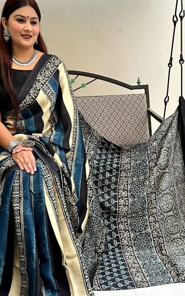 Blue Grey Colour Ajrakh Digital Print Muslin fabric Saree