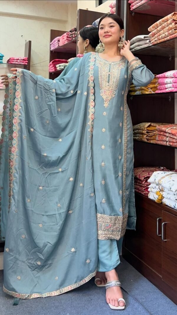 Blue Grey Colour Chinon Silk Party Top Pent & Dupatta