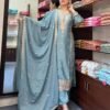 Blue Grey Colour Chinon Silk Party Top Pent & Dupatta