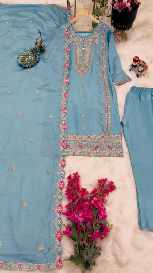 Blue Grey Colour Chinon Silk Party Top Pent & Dupatta