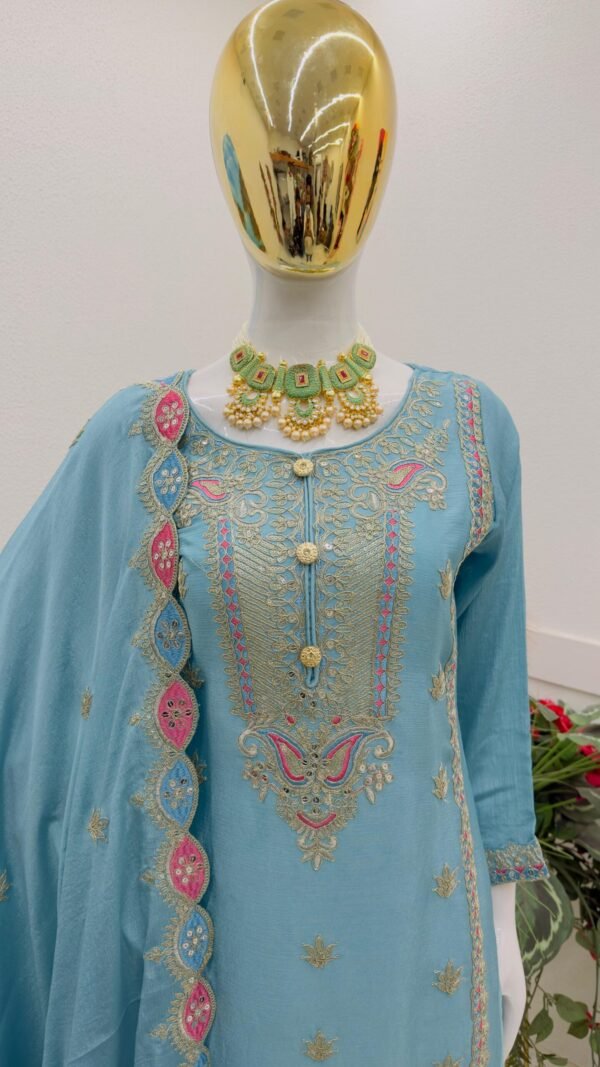 Blue Grey Colour Chinon Silk Party Top Pent & Dupatta