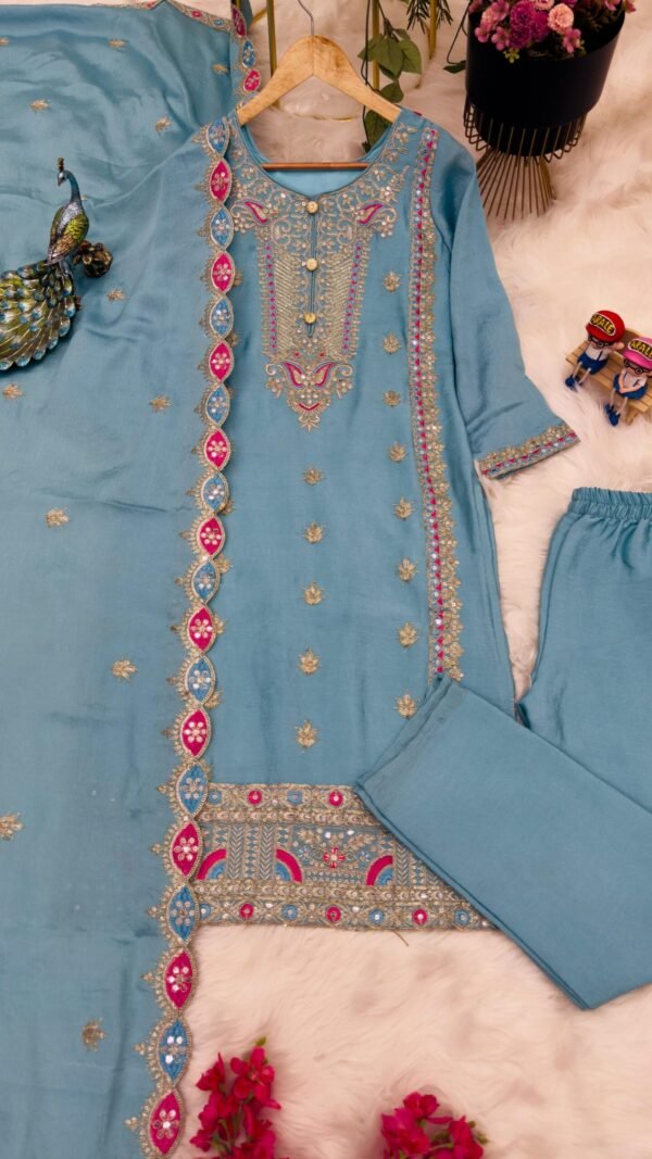 Blue Grey Colour Chinon Silk Party Top Pent & Dupatta
