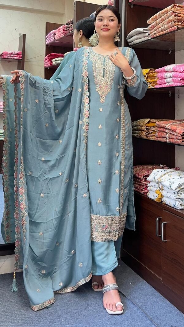 Blue Grey Colour Chinon Silk Party Top Pent & Dupatta