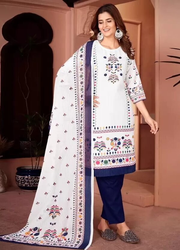 Blue White Colour Beautiful printed Maslin kurta
