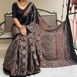 Brown Black Colour Ajrakh Digital Print Muslin fabric Saree