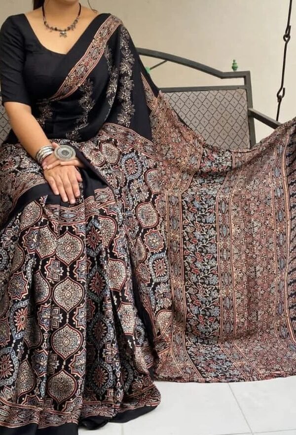Brown Black Colour Ajrakh Digital Print Muslin fabric Saree