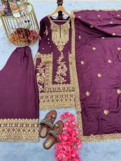 Brown Colour Pur Chinon Silk With Embroidery Suit